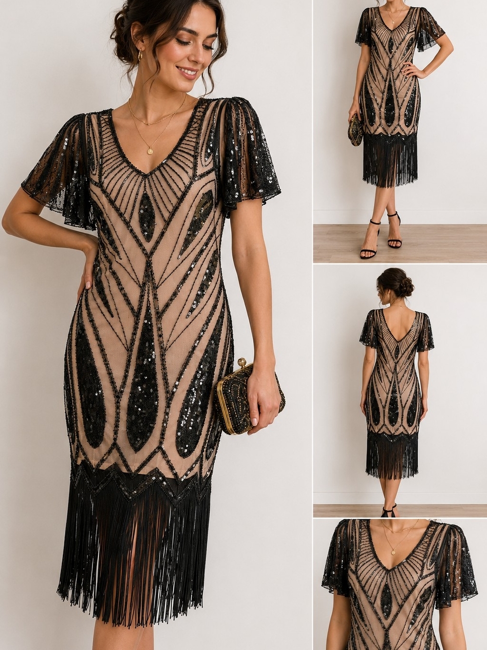 Metme Black Nude Sequin Fringe Great Gatsby Flapper Midi Dress Size M